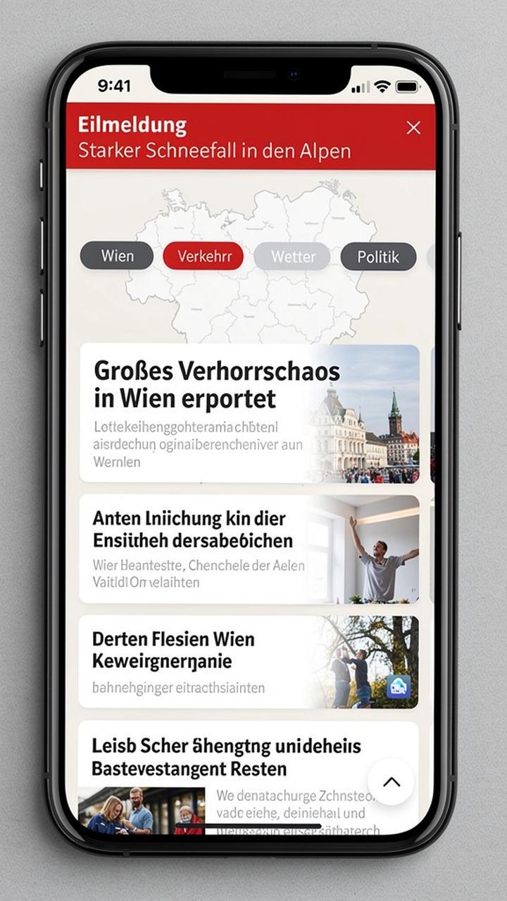 App-Screenshot: lokale Österreich-Updates mit Eilmeldung und Kategorien